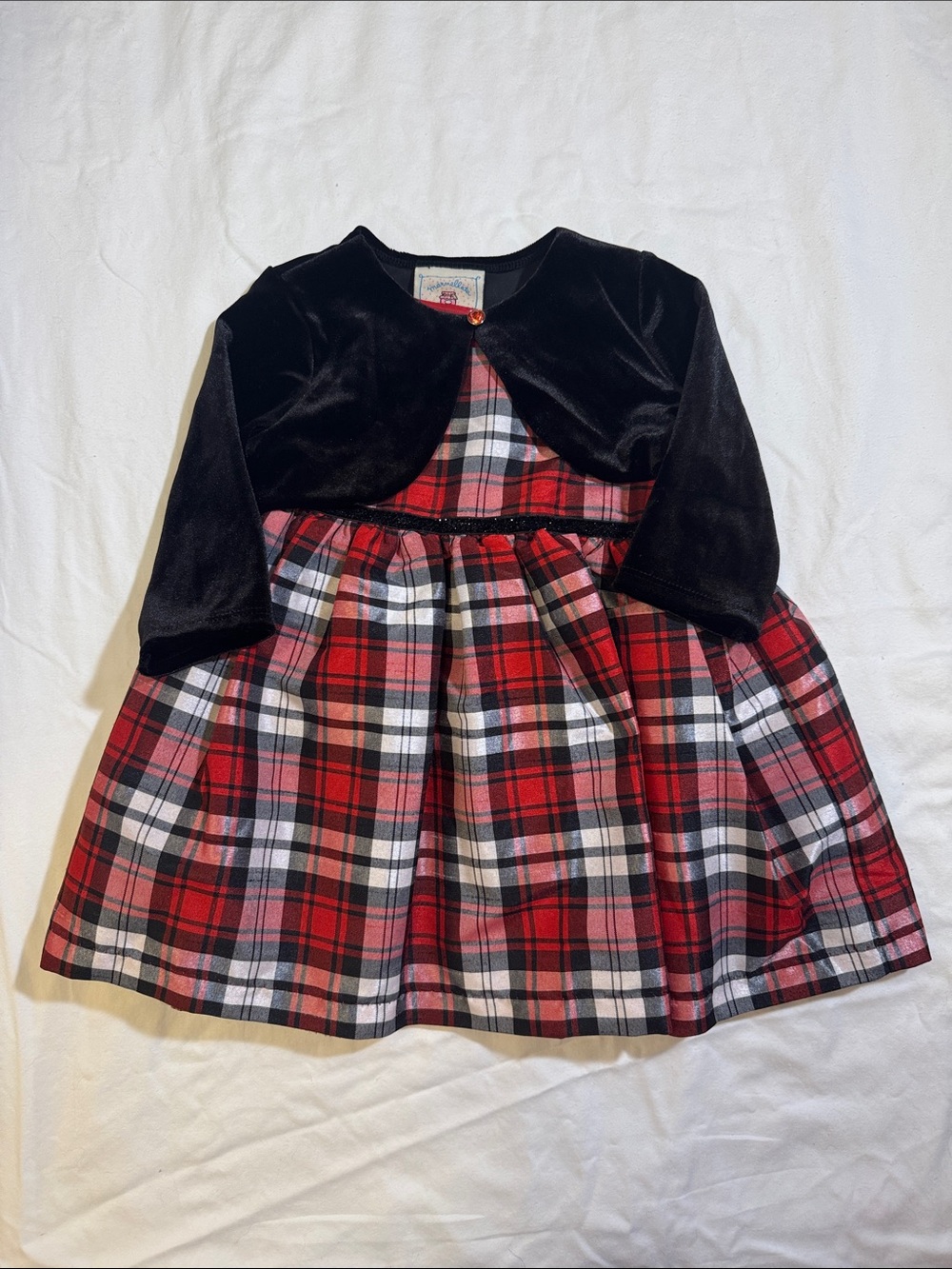 Marmellata Girls Red Plaid Holiday Dress with Black Velvet Bolero